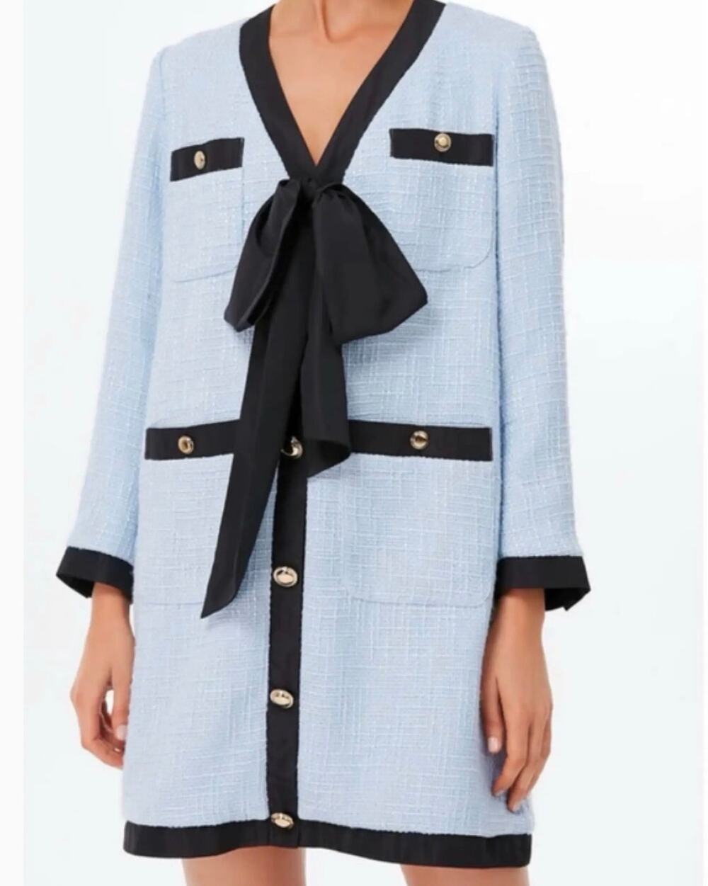 Tuckernuck X Pomander Place Tweed Mini Dress M Blue Black Bow Gold Button Preppy